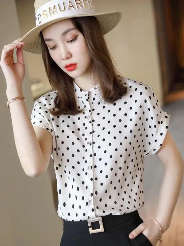 

Polka Dot Women's irt Stand Collar ort Sve Chiffon Top Summer Faion Godd Sle Loose Fit Regular Sve Length