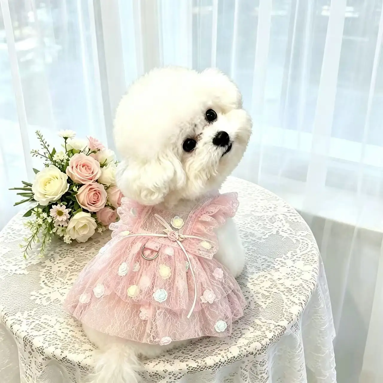 Pet Spring & Summer Chiffon Princess Three Dimensional Rose Flower Dress Small/Medium Sized Dog Teddy Bear Schnauzer Clothing