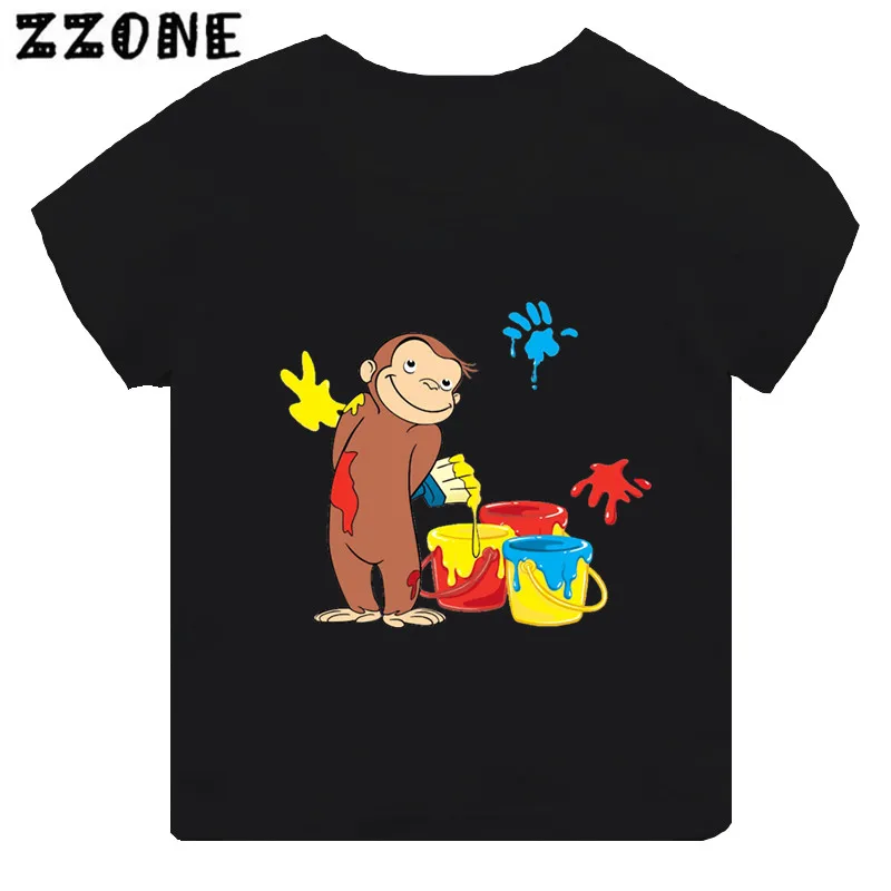 Curious George Funny Monkey Print Cartoon Kids T-shirt Girls Clothes Baby Boys Black Short Sleeve T shirt Children Tops,TH5266