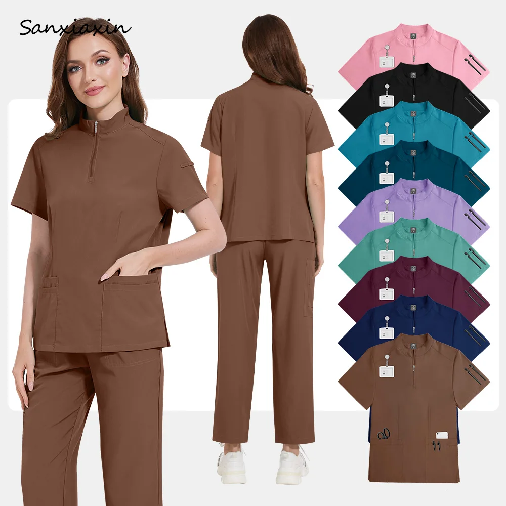 Uniforme da lavoro da medico in tinta unita Donna Scrub Uniforme medica Manica corta Clinica odontoiatrica Set infermieristico Scrub Tunica sanitaria per assistente