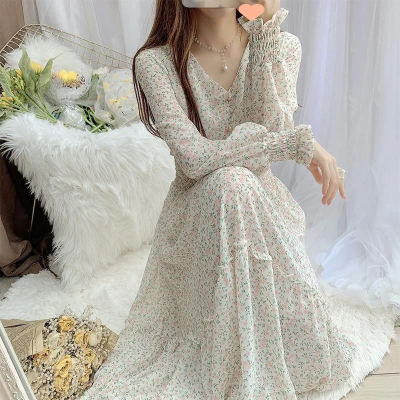 

Spring New Arrival Long Floral Print Chiffon Dress Women's Maxi Fairy Skirt Style Korean High Waist Gauze Hemline A-Line Dress