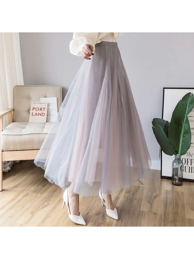 80 90  100cm Contrast Gauze Skirt Women Spring And Autumn High Waist Slim Overskirt Super Fairy Long Dress  Short Sleeve  Match