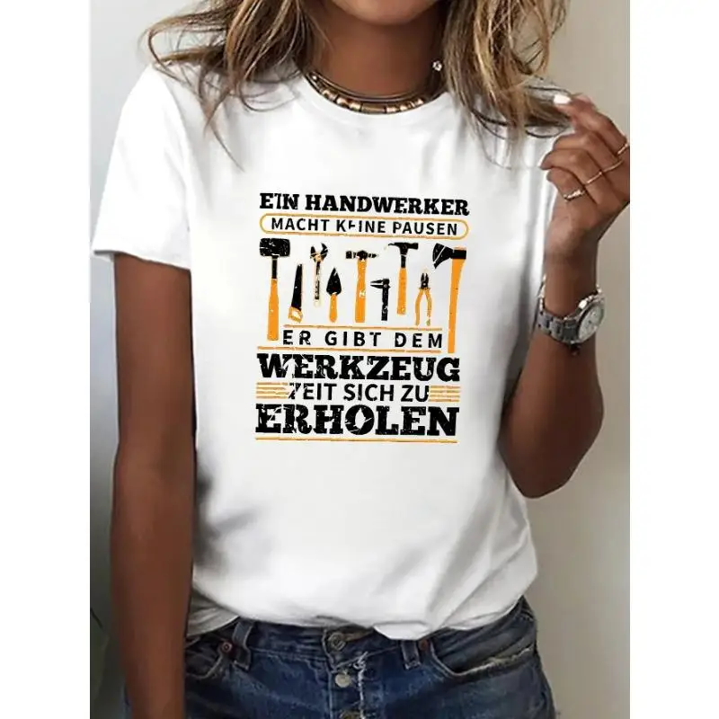 

Women German Handwerker T-Shirt Funny Craftsman No Breaks Graphic Tee Tool Time Humor Slogan Carpenter DIY Gift Top