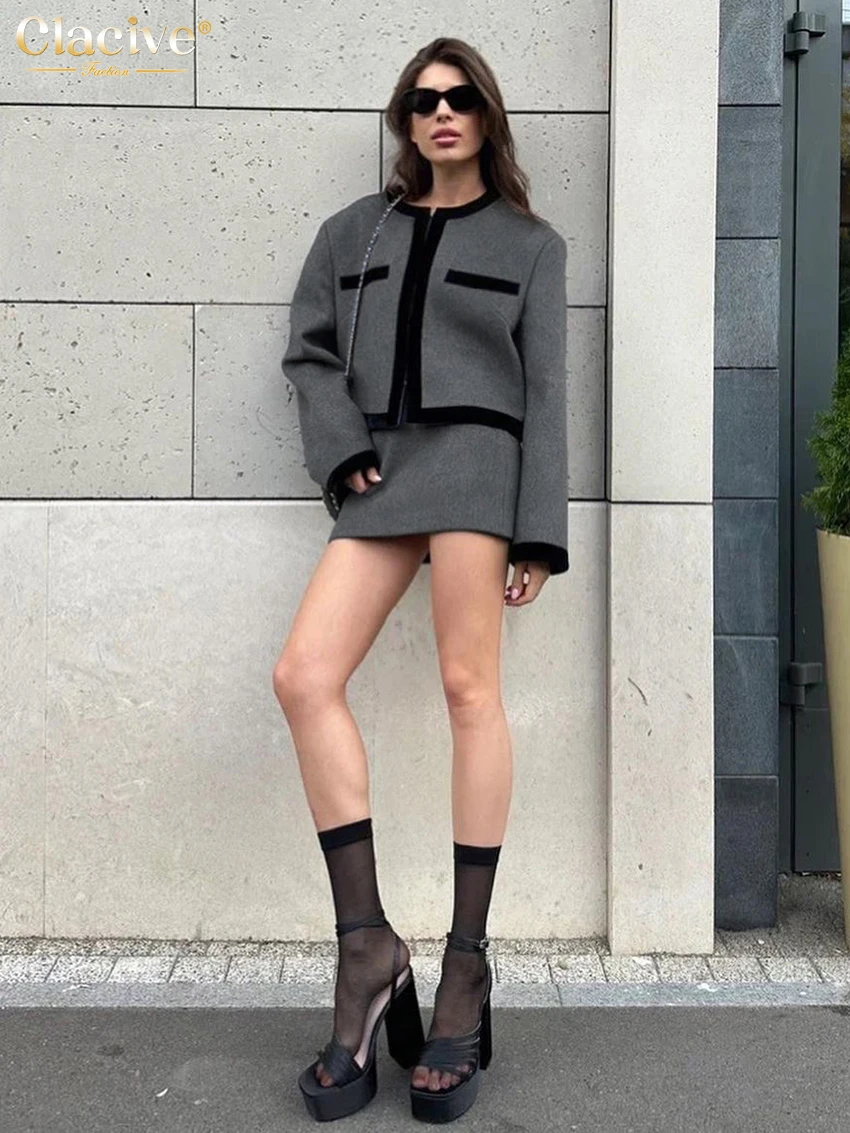 Clacive Fashion Loose Gray Office 2 Piece Set Women Outfit 2024 Elegant Long Sleeve Shirt With High Waist Mini Skirts Set Female