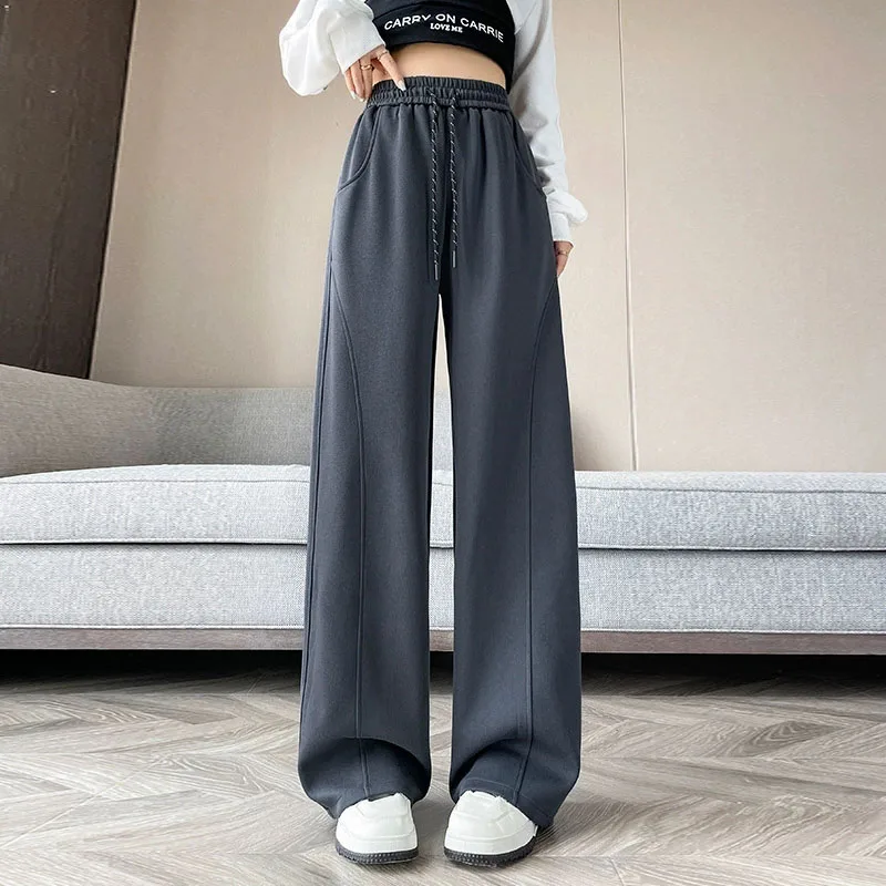 Korean High Waist Sports Pants for Women Autumn 2025 New Retro Y2K Baggy Straight Sweatpants Casual Versatile Wide Leg Trousers