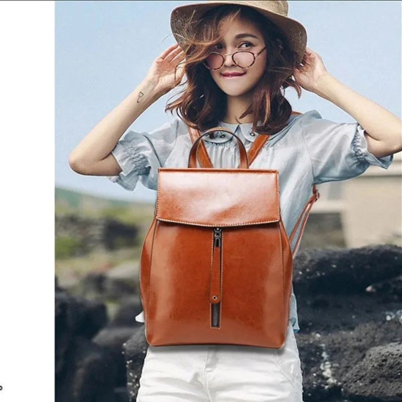 

New Fashionable Versatile Womens Genuine Leather Wax Cowhide Feminine Backpack Book Tourism Large Soft Leather Capacity Backpack