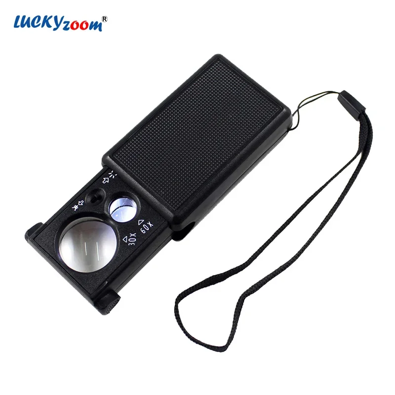 

Black Mini Pocket Magnifier Glass With LED 30X 60X Illuminated Magnifier Currency Detecting Lupa Portable Backlit Jewelry Loupe