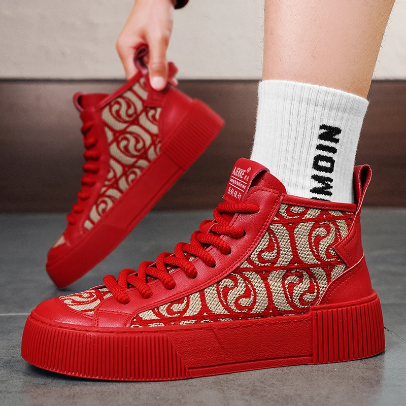 2024 Hot sale Green Men's Canvas Shoes Red Fashion Print High top Casual Sneakers Men Spring Breathable Vulcanized Shoes Men