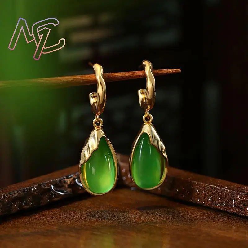 Green Real Jade Water Drop Earrings Talismans Gifts for Women Amulet Stone Luxury Ear Stud Lucky Designer Vintage - view 3