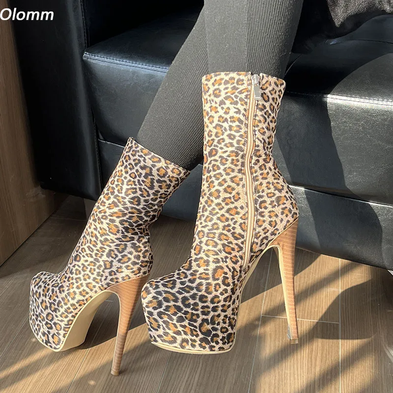 

Olomm Women Winter Platform Ankle Boots Side Zipper Stiletto Heels Round Toe Amazing Leopard Party Shoes Plus US Size 5-20