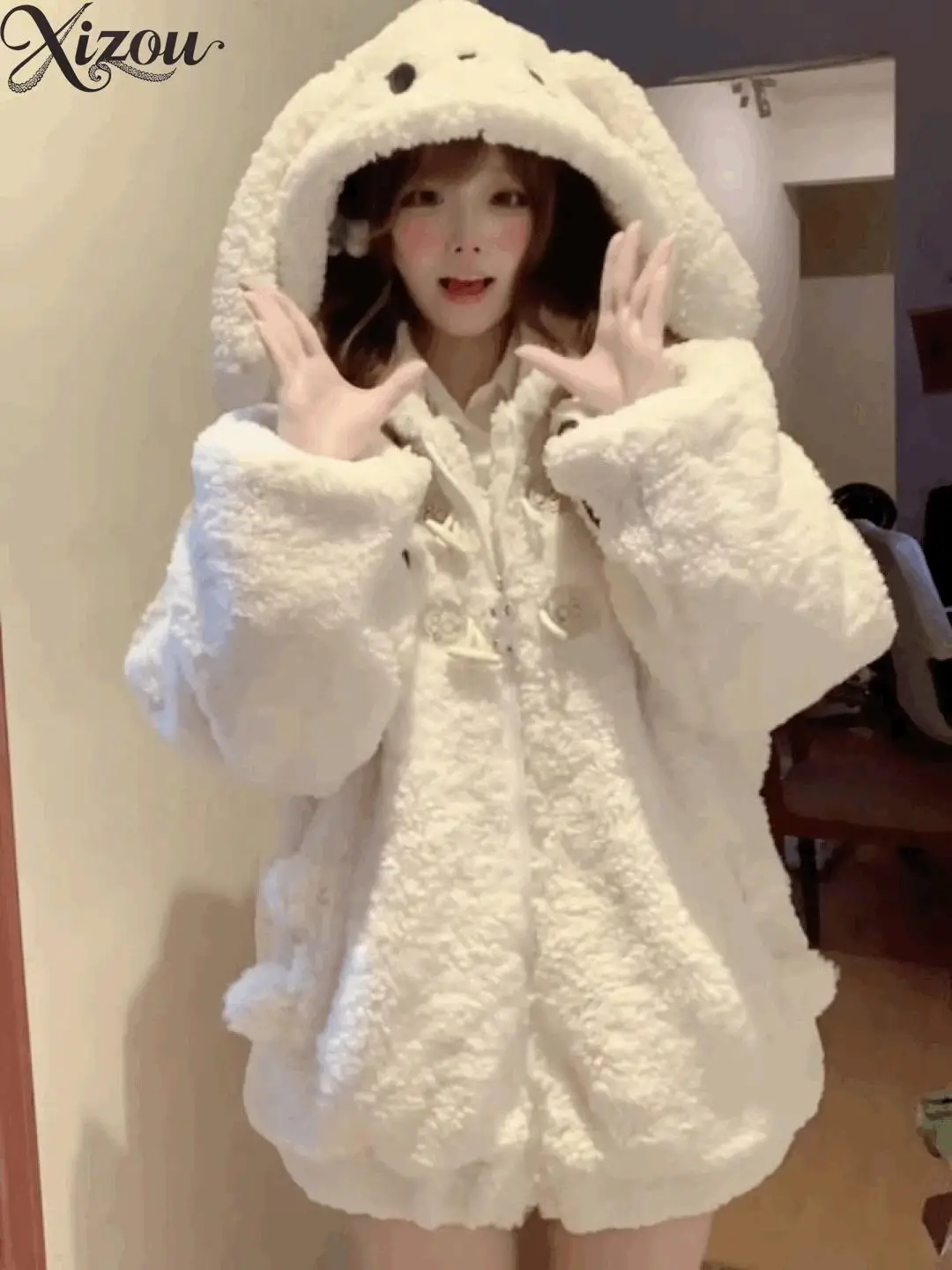 Sweet Y2K Kawaii Women Rabbit Bunny Ear Hooded Coat Winter Fall Wool Faux Shearling Fleece Warm Button Pocket Loose Japanese