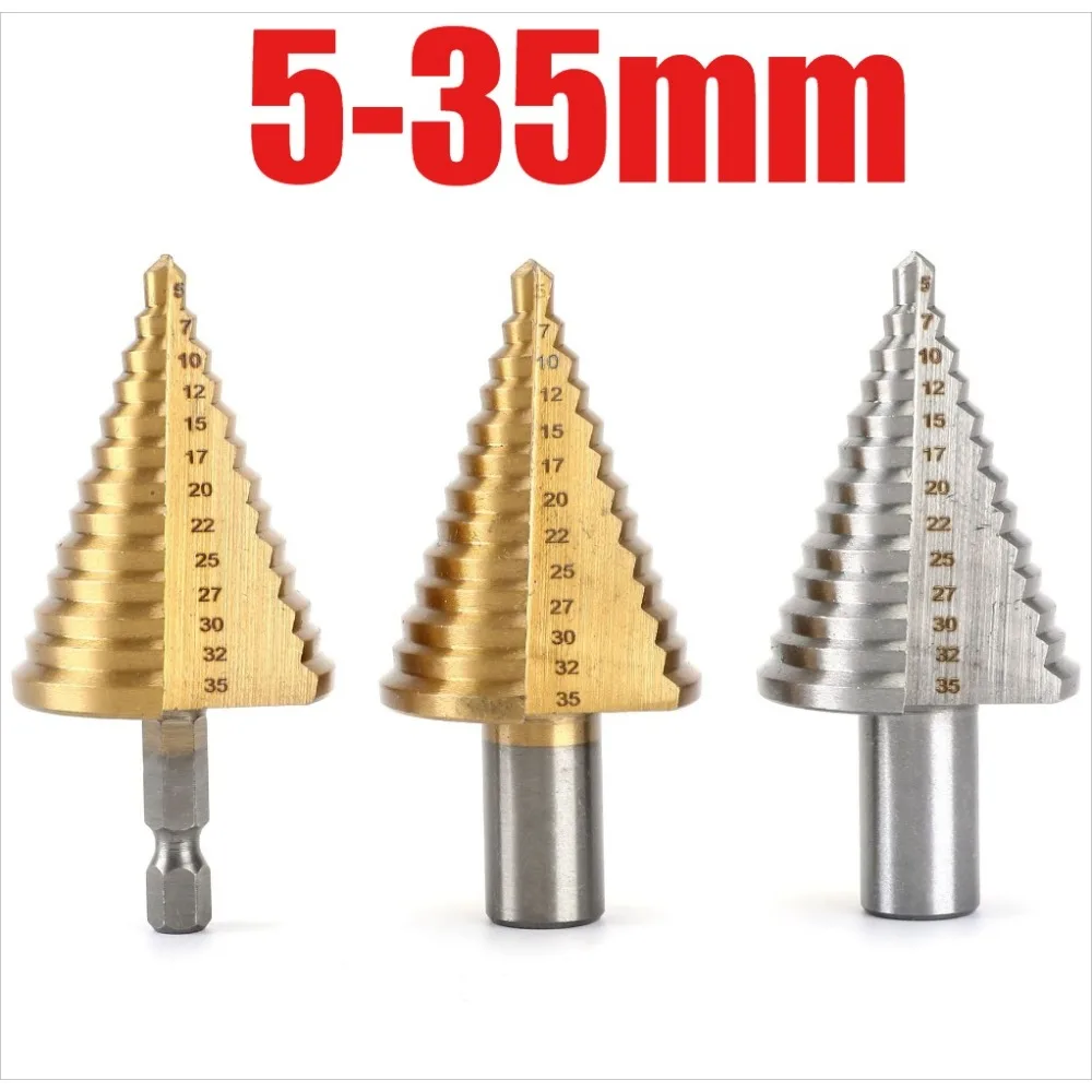 

5-35mm Gold Titanium Plate Pagoda Drill Hex Round Shank Straight Groove Step Drill Bit Wood Plastic Aluminum Hole Expand Tools