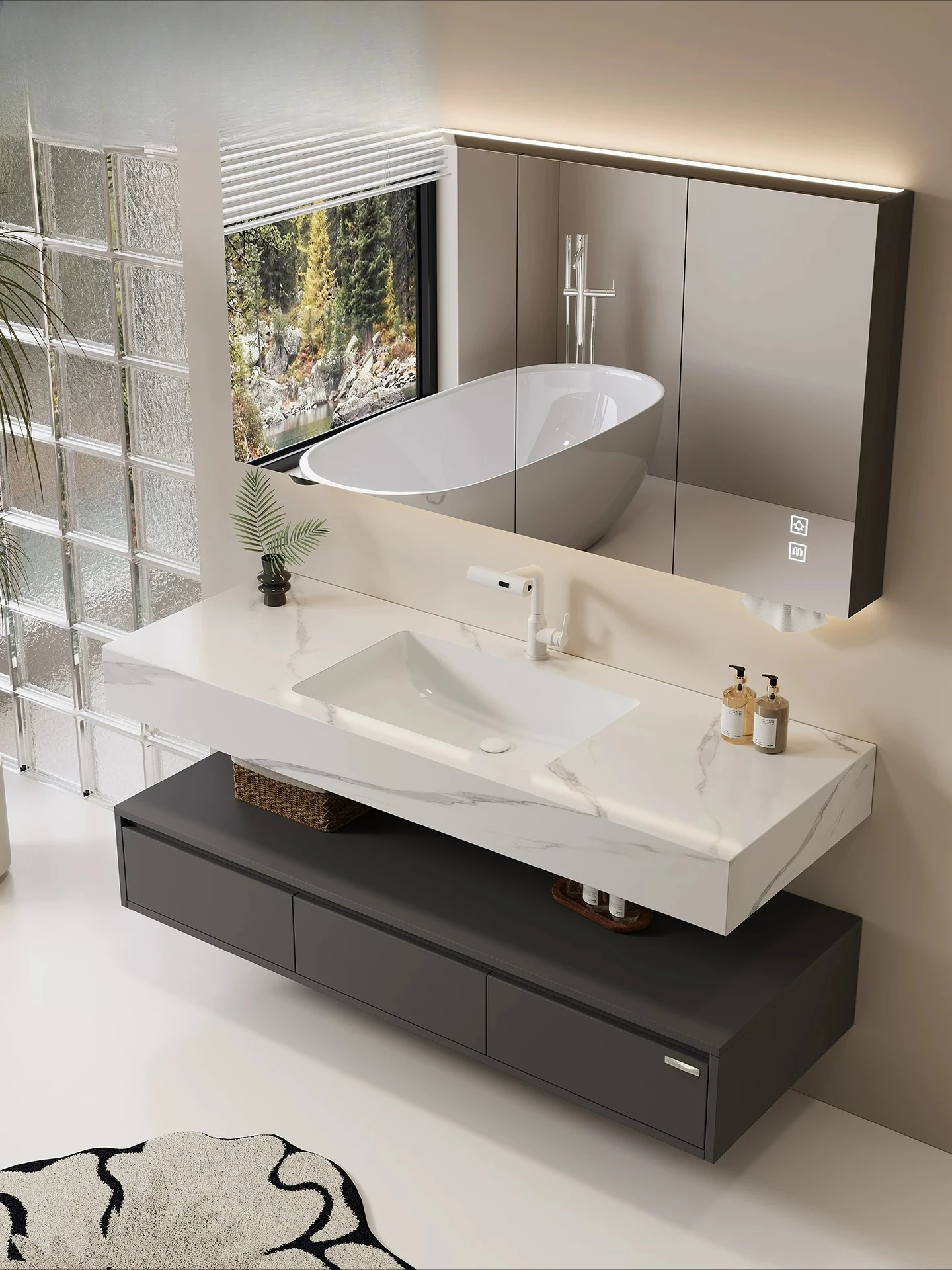 Hotel Wind Bathroom Cabinet Combination Simple Modern Rock Slab Seamless Integrated Basin Washing Table Double Layer