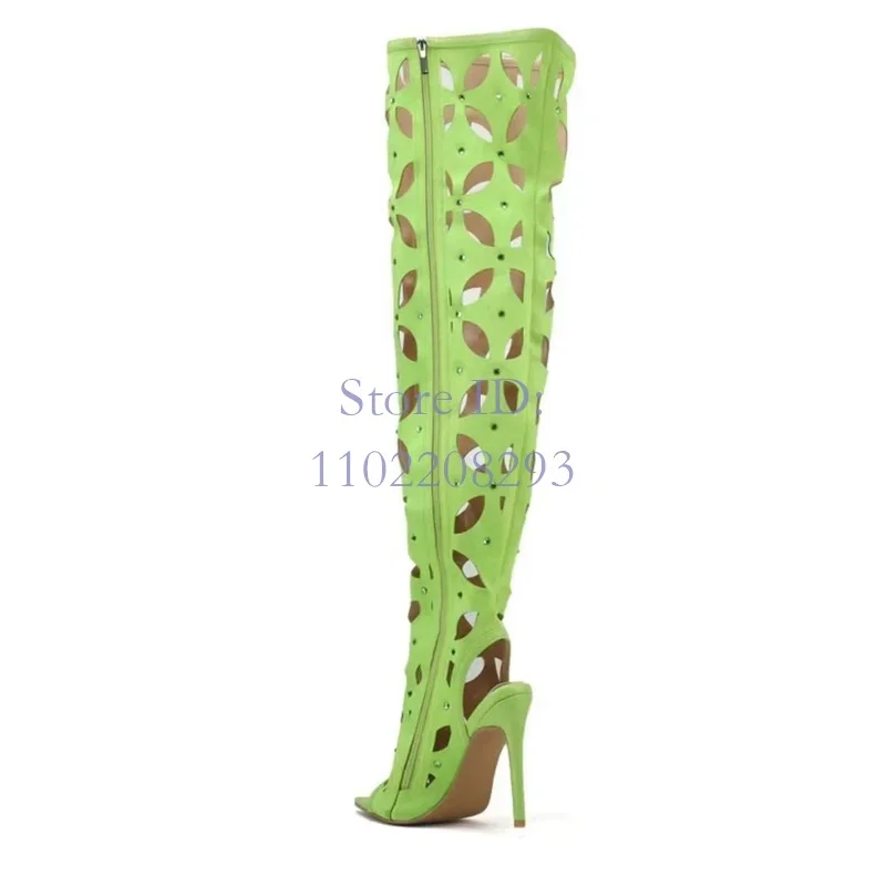 

Hollow Crystal Knee High Heel Boots Pointed Open Toe PU Solid Stiletto Sandals Side Zipper Summer Women Fashion Sexy Shoes 2024