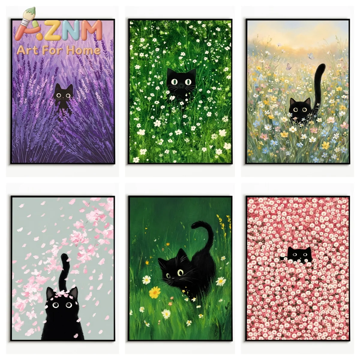 1pc frameless Canvas Painting 1PC  Four Seasons Flower Sea Black Cat Poster  Healing Flower Field Animal Wall Art  Wall Decor Ca