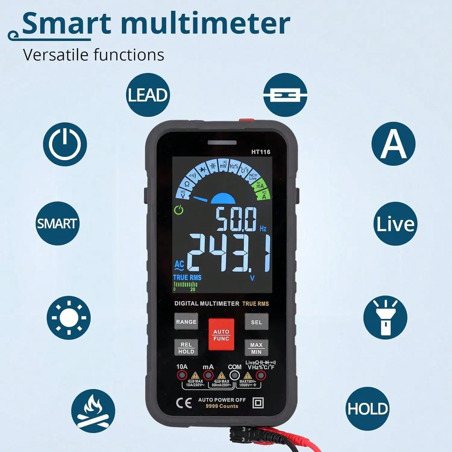 Digital Multimeter 10000 Counts Intelligent DMM Color Screen TRMS Auto-Ranging Measures Voltage Current Capacitance Temperature