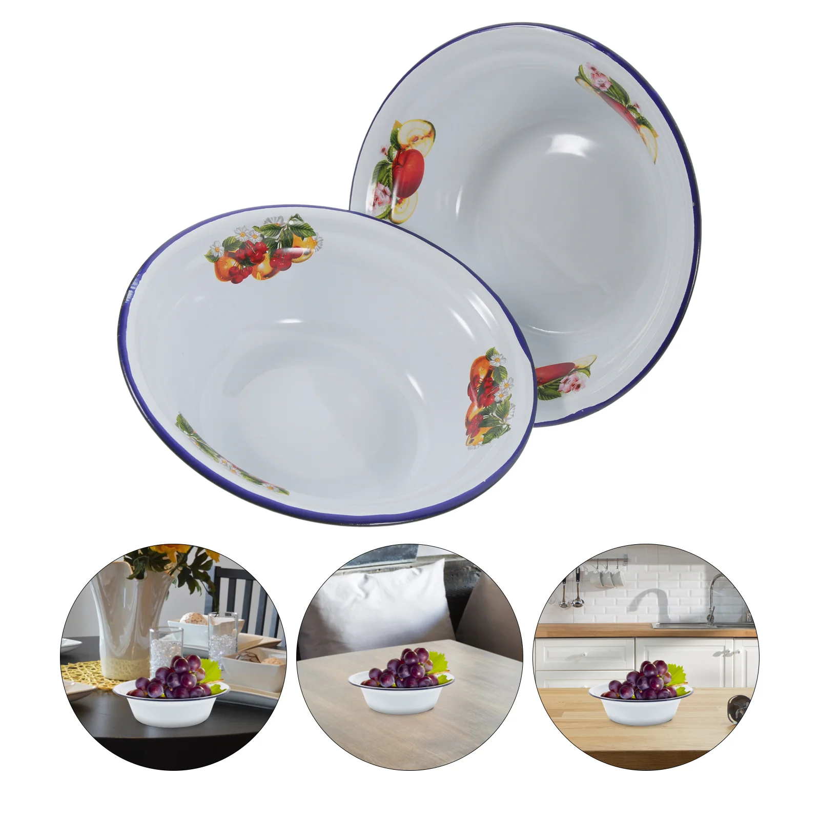 

2 Pcs Veggie Tray Rolled Enamel Basin Enameled Food Salad Soup Vintage Storage White BBQ Cake