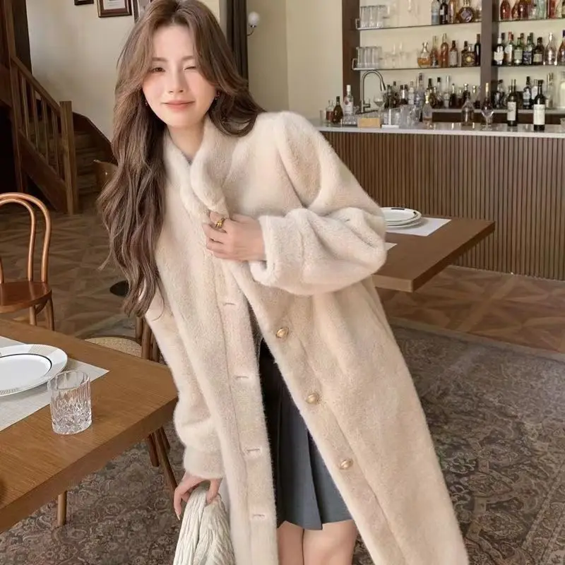 Faux Fur Long Coats Women Winter Warm Thicken Open Maxi Coat Female Casual Loose Elegant Chic Street Outwear LX283