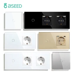 BSEED 1Gang Touch Screen Light Switches LED Backlight Wall Switches With Socket USB Type-C Charge Port Glass Panel Max.Load 300W