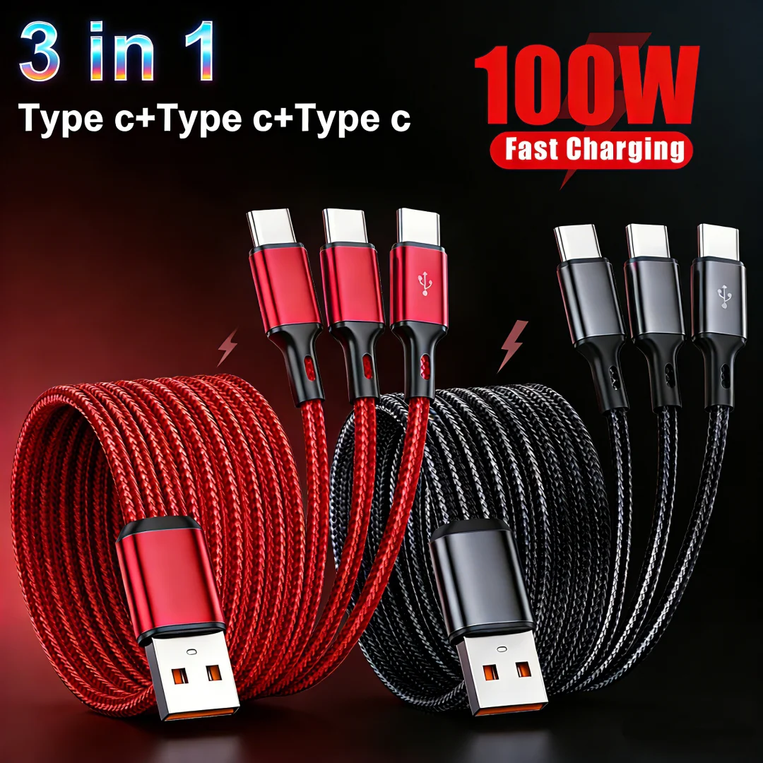 Cable de carga rápida USB-C a 3×Type-C de 100W, cable de extensión de datos de 1,2 m/0,2 m, cable de viaje de alta velocidad PD, cable de carga para teléfonos móviles