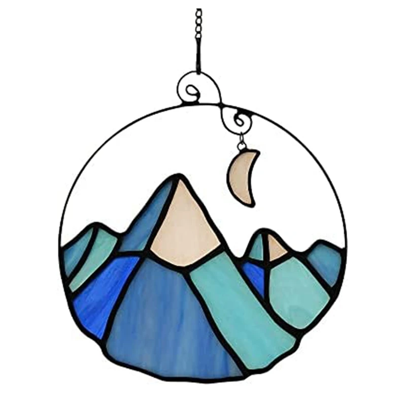 Mountain With Moon Stained Window Hanging,Snow Mountain Decorations Suncatcher For Window,Moon Mountain Decor Gift