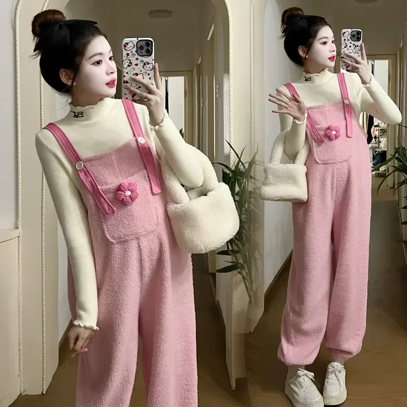 Winter Fashion Plus Size Maternity Jumpsuits with Pocket Plus Size Wide Legs Pregnant Woman Fleece Rompers Thick Warm Overalls