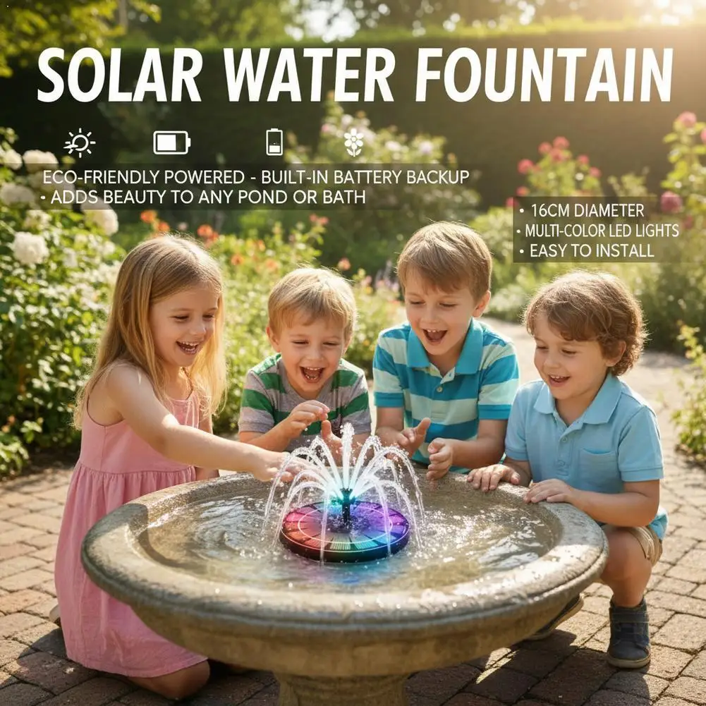 16cm Floating Solar Fountain with LED Lights (Optional) for Bird Bath Pond Swimming Pool Fish Tank Outdoor Pump Garden Decor