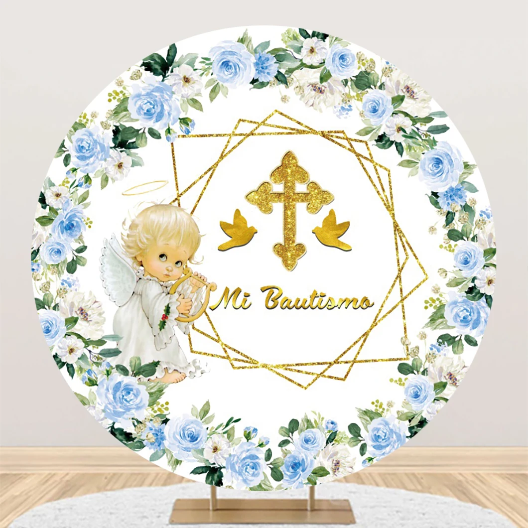 Baptism Round Backdrop Baptism Party First Holy Communion Christening Banner Decor Blue Flower Boy Baby Shower Background