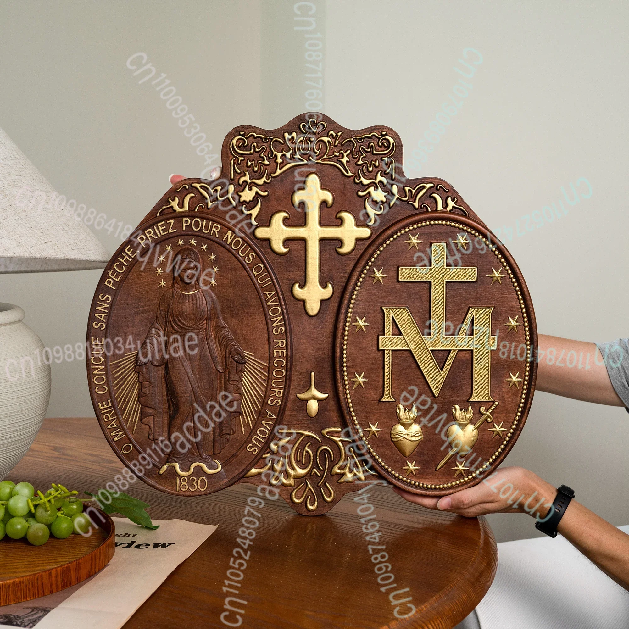 

Miracle Medal Virgin Mary Statue, Catholic Religious Item, Home Wall Hanging, Christian Wooden Decor, Religious Gift