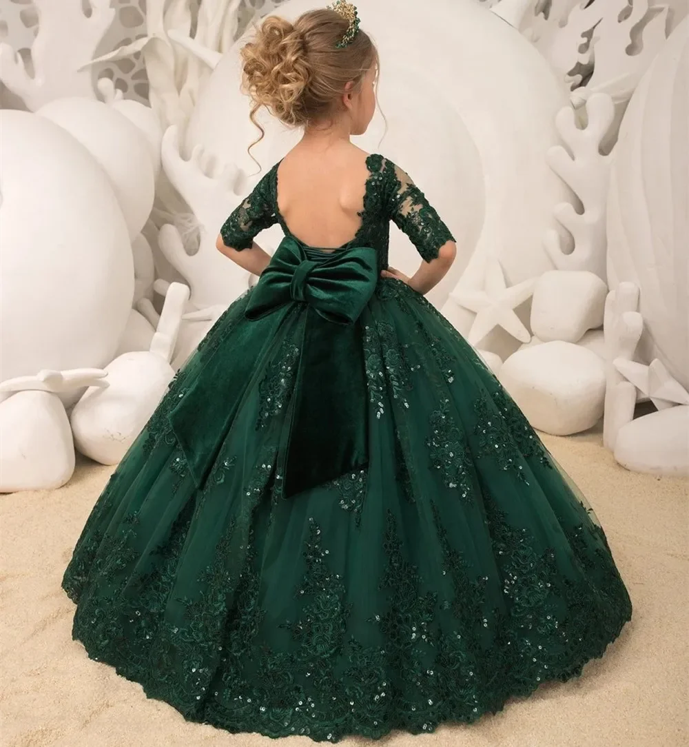 Simple Flower Girl Dress Green Tulle Lace Long Half Sleeved Sequin Bow Belt  Wedding Child Birthday First Communion Dress