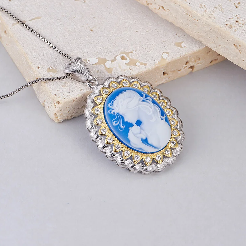 S925 Sterling Silver Charms Pendant for Women Contrast Colored Wire Drawing Goddess Statue Blue Agate Zircon Jewelry Wholesale