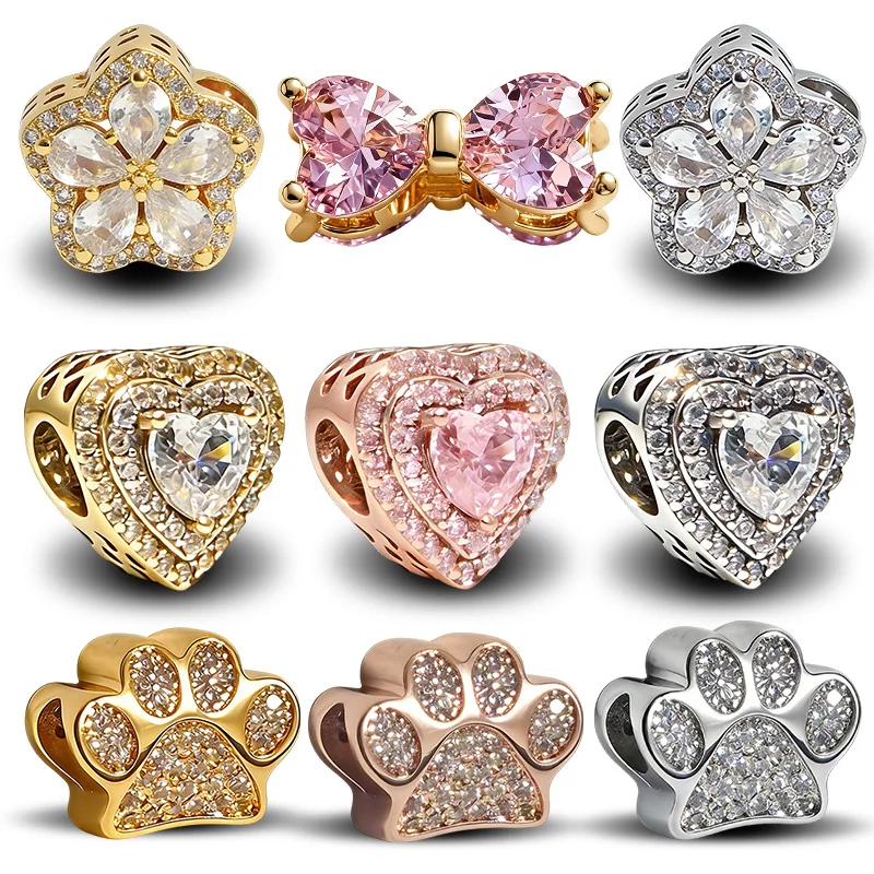 

Оригинальные бусины-шармы, серия Diamond, блестящие многоуровневые бусины-шармы в форме сердца и бусины-шармы с отпечатками лап, подходят для браслетов-подвесок, женские ювелирные украшения, подарок