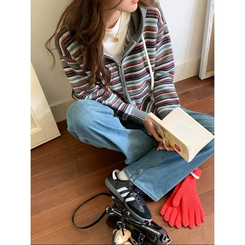2025 New Contrasting Striped Drawstring Hooded Knitted Cardigan