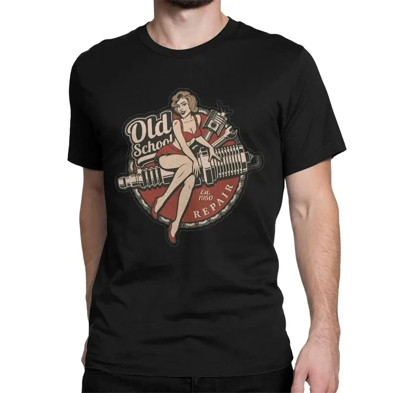 

Pinup Old School T Shirt Men Cotton Awesome T-Shirts Route 66 Mother Road American Retro Tees Short Sleeve Clothes Big Size