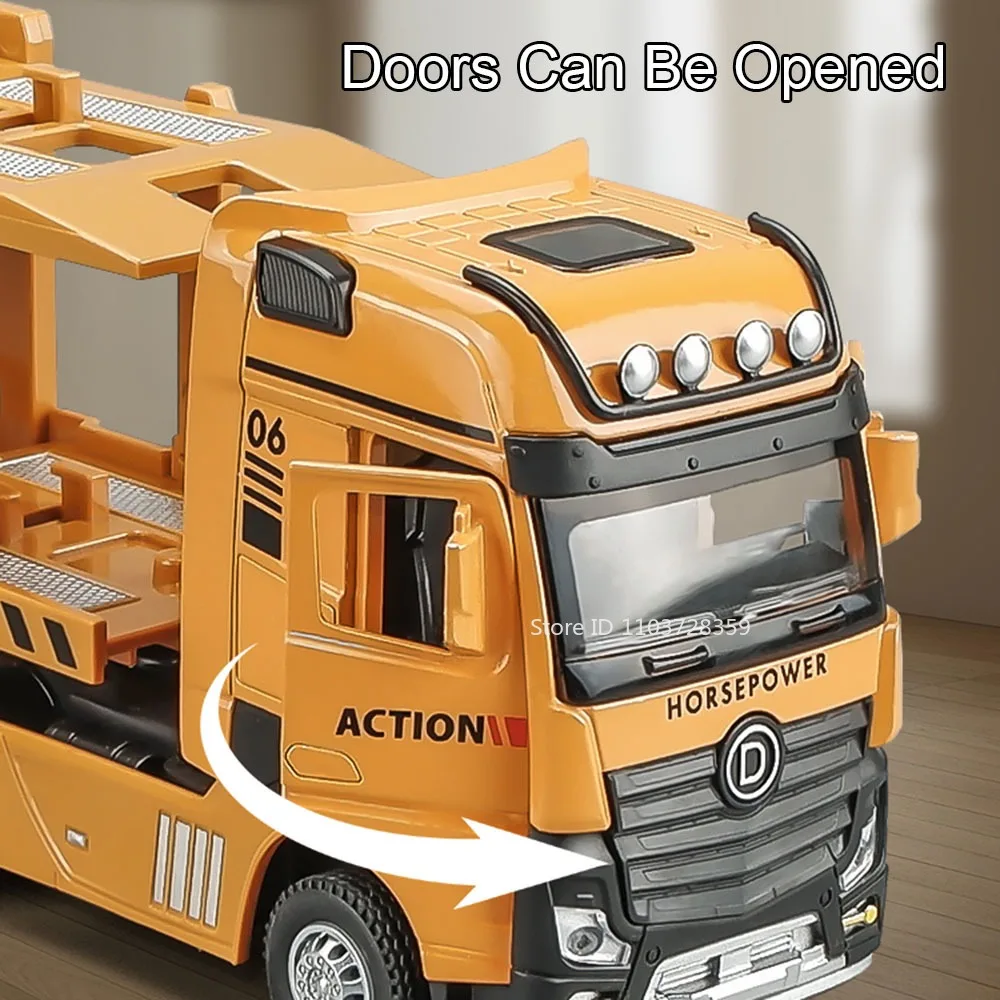 Vehículo de transporte de dos pisos 1:32, modelo de juguete, coche plano fundido a presión de aleación, puertas con luz y sonido, coches de ingeniería abiertos, regalos