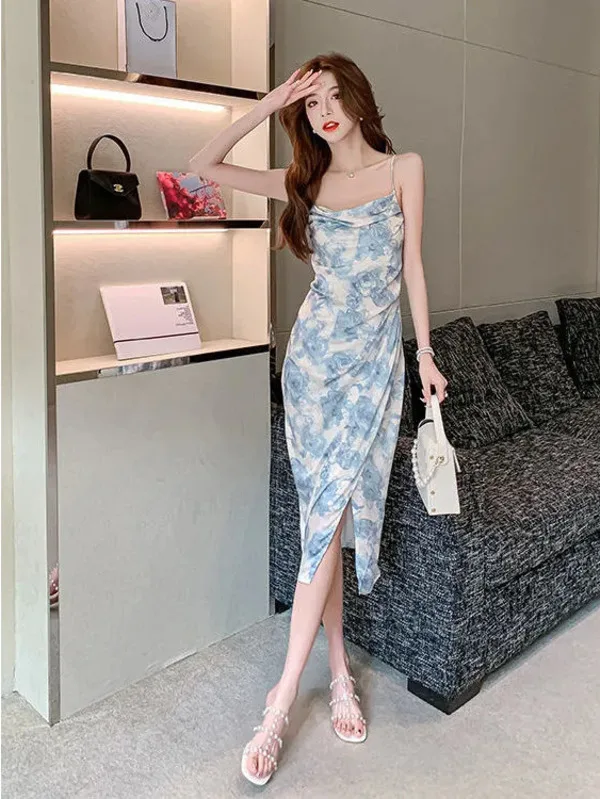 2024 Summer New French Sweet and Fresh Fragmented Flower Blue Strap Off Shoulder Dress Gentle and Women's Sexy Long Dress KDFH