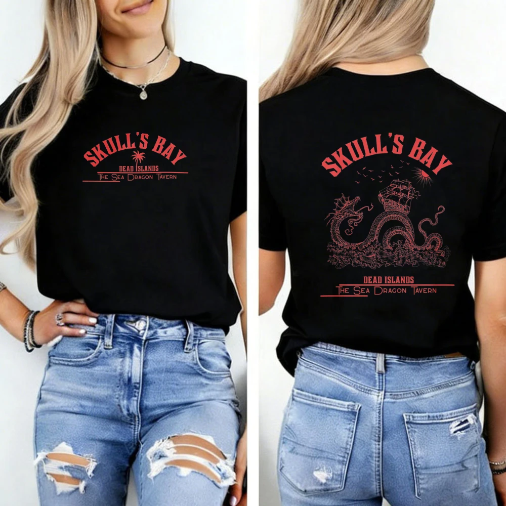 Women Double Sided Print T-Shirt Skull's Bay Sea Dragon Tavern Graphic Tee Vintage Sea Monster Pirate Ship Casual Bookish Tops
