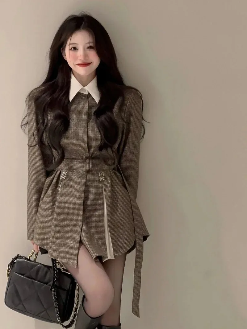 Korean Temperament Color Contrast Suit Coat Women Lapel Pleated Plaid Vintage Sweet Slim Spring Femlae Chic College Jacket 2024