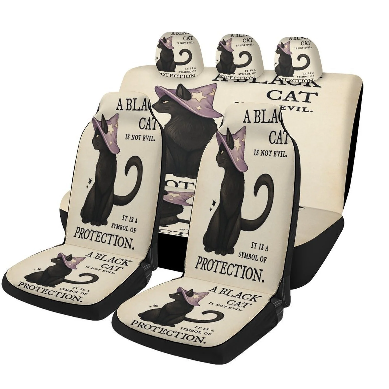 Juego de fundas protectoras para asientos de coche con diseño de gato negro para la mayoría de los coches, fundas protectoras decorativas transpirables y modernas para asientos de coche, juego completo