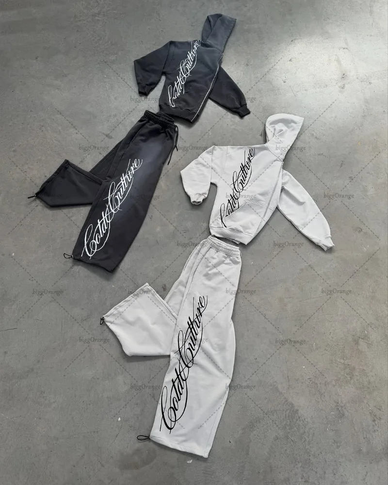 

2025 High Street Trend Brand Men's Sets American Retro Letters Oversized Gray Jogger New Harajuku Y2K Casual Zipper Hoodie Women