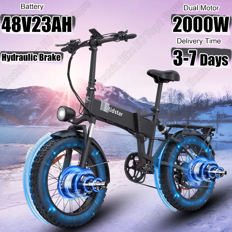 2000W Dual Motor Electric Bike Folding 48V23AH Hidden Lithium Battery Electric Bicycle Hydraulic Brake 20*4 Inch Fat Tire E-bike