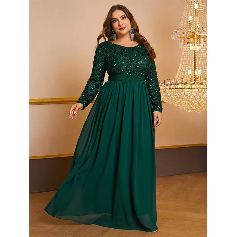 Plus Size Round Neck Sequined Multicolor Shiny Autumn Long Sleeve Dress 5XL 6XL Big Size Shiny Long Elegant Chiffon Dress