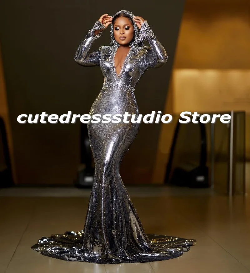 Luxury Silver Party Dresses For Women Long Sleeves Rhinestone Sequin Evening Gowns Customized Aso Ebi Wedding Guest Dress