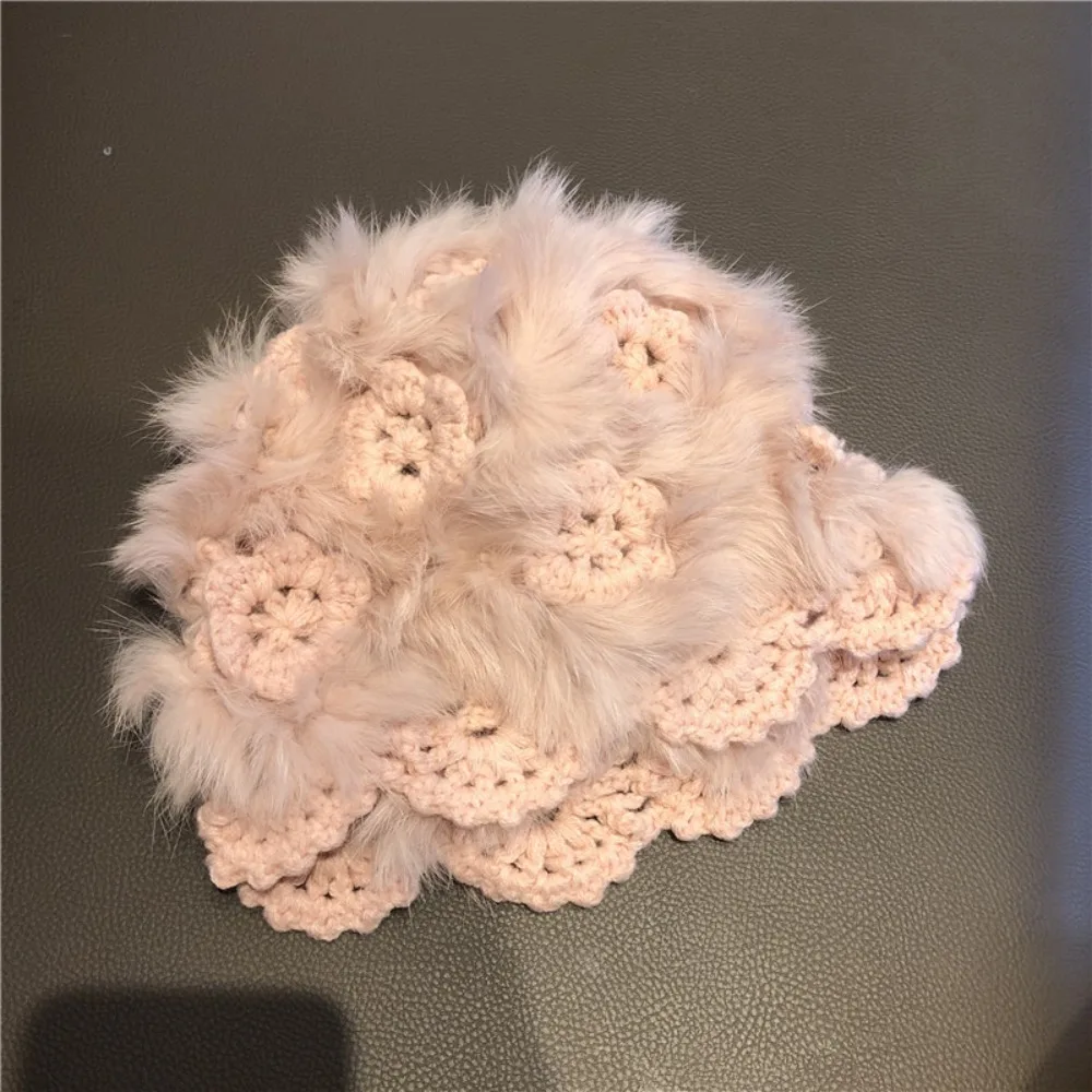 Versatile Multicolor Crochet Rabbit Fur Hat Handmade Plush Toe Cap White Plush Windproof Ear Protection Hat Outdoor