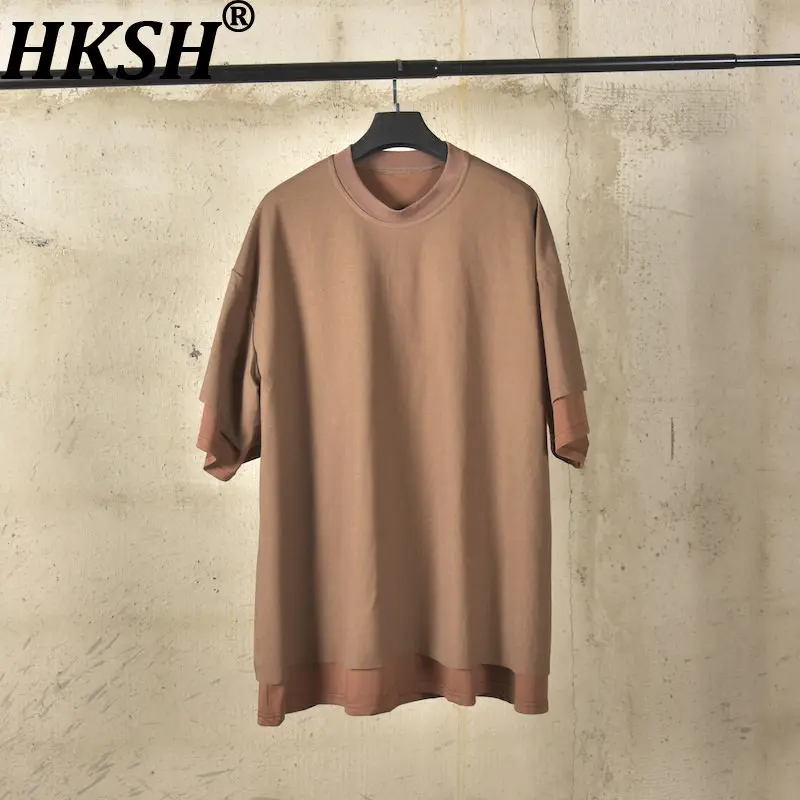 HKSH Summer New Men Niche Design Japanese Style Fake Two-Piece Short Sleeve Loose T-shirt Punk Trendy Contrast Color Top HK18455
