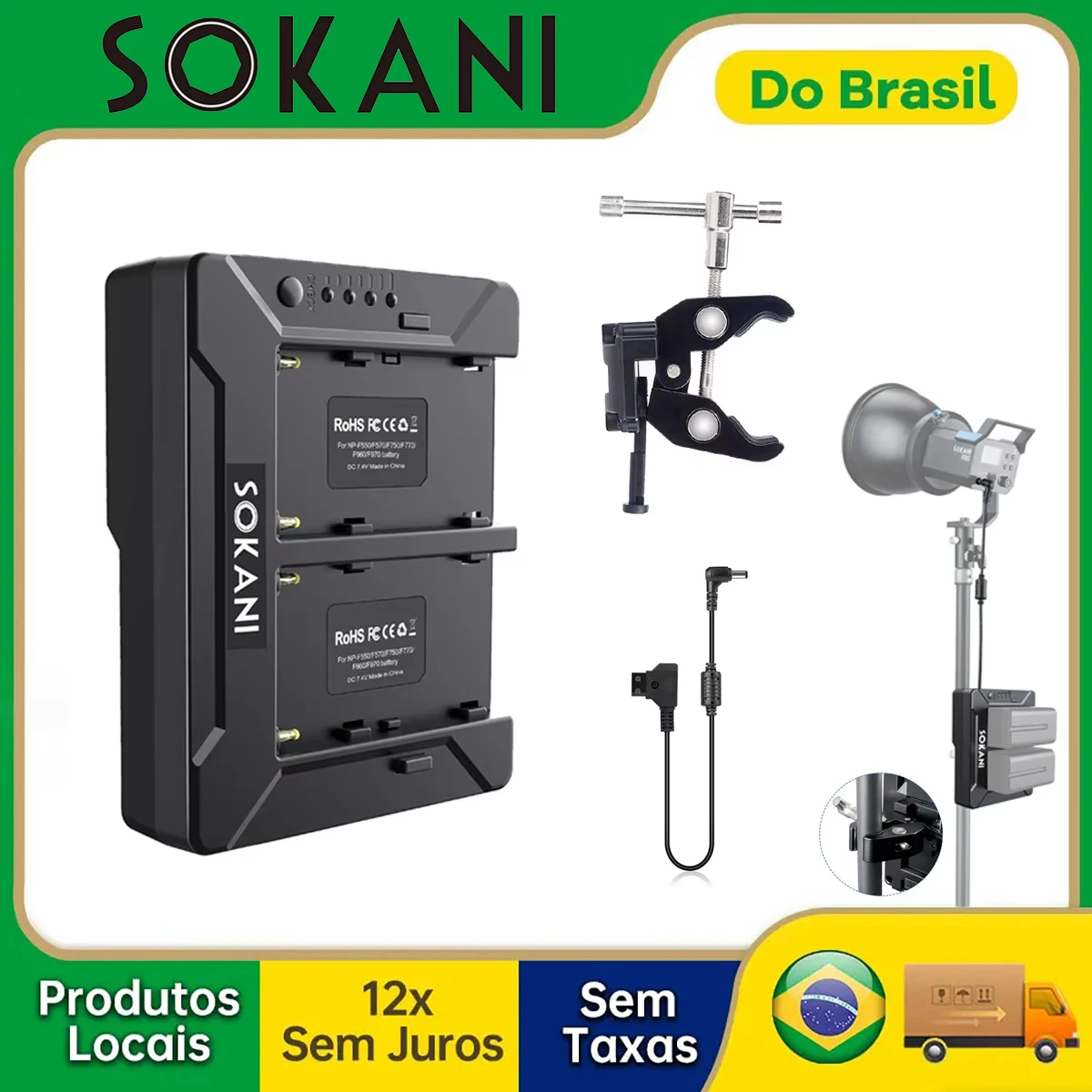 【Do Brasil】Sokani V Mount Battery Adapter Plate D-tap Output for Dual Sony NP-F with Clamp Mount for Sokani X60 Mini RGB Light