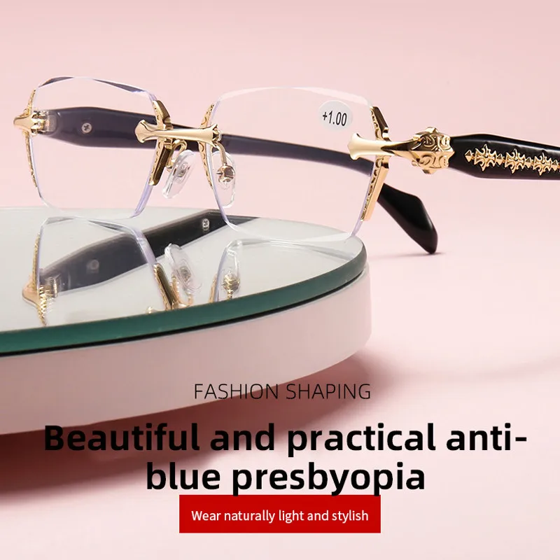 

Anti Blue Light Reading Glasses Men Business Rimless Presbyopic Eye Glasses Women Vintage Diamond-cut Optical Farsighted Eyewear