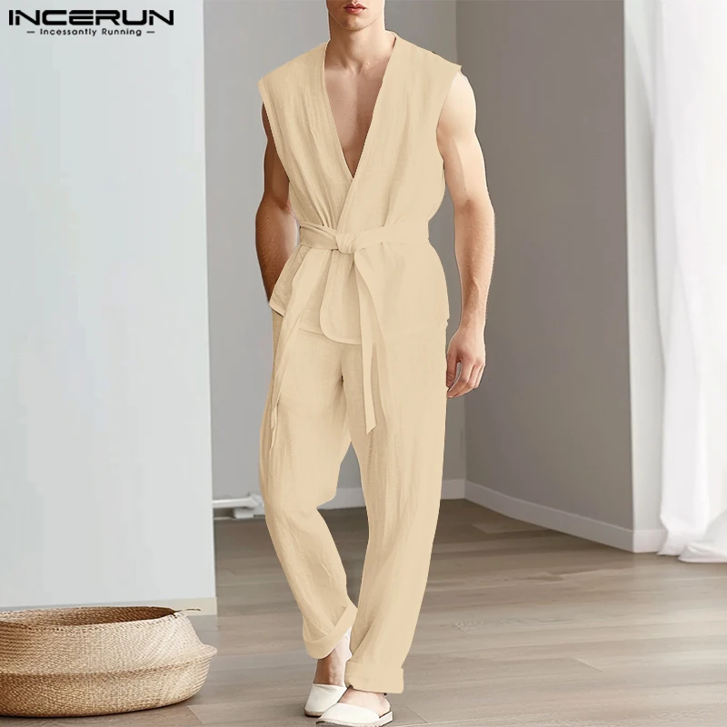 INCERUN Men Sets Solid Color V Neck Sleeveless Shirt With Belt & Pants Two Pieces Sets 2024 Summer Streetwear Men\'s Casual Suits