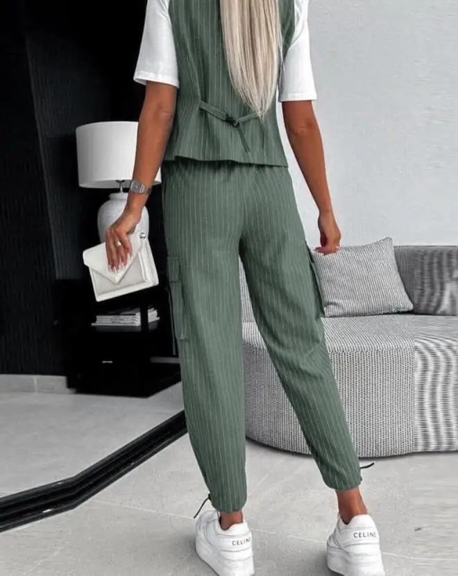 Completo da donna in due pezzi completo da donna 2024 Summer Fashion a righe con scollo a v canotta asimmetrica ed elegante Set di pantaloni con risvolto da lavoro tascabile