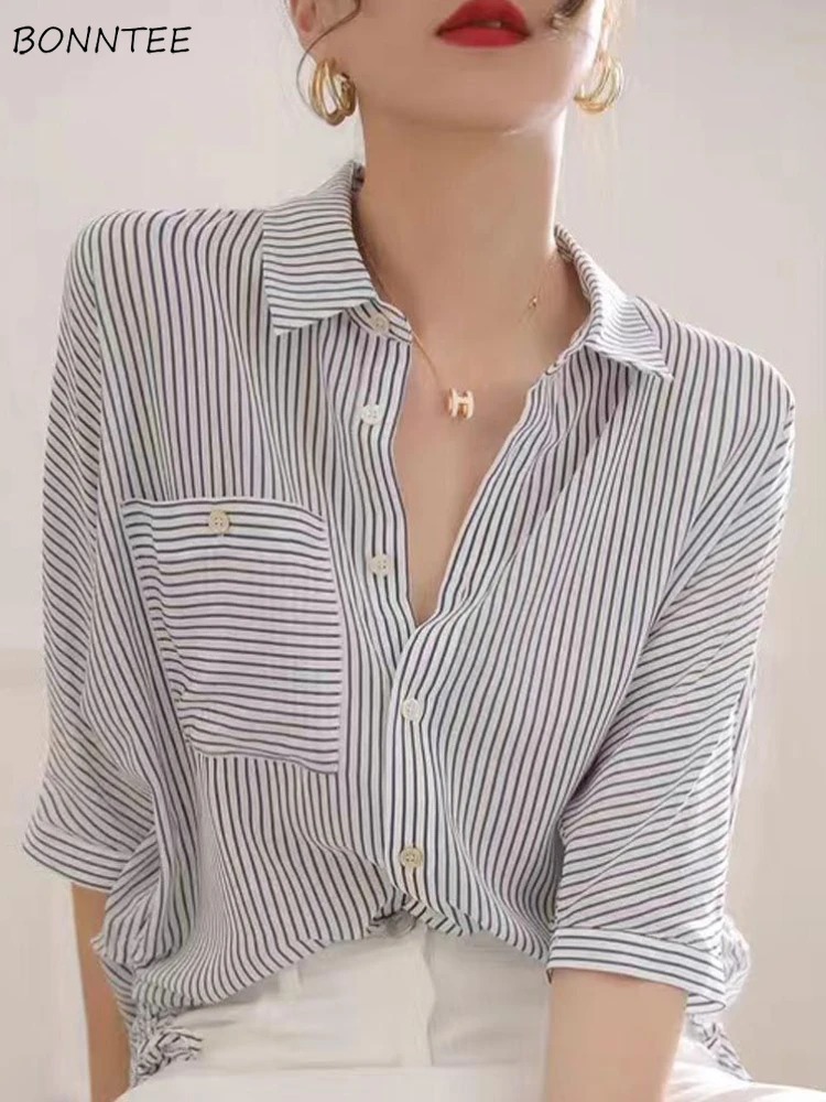 Shirts Women Elegant All-match Loose Trendy Simple Ulzzang Striped Classic Daily Ladies Turn-down Collar Mature Prevalent Casual